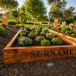 Grave Memorial frame with Family name laser engraved, stained and clear coat protected and installed